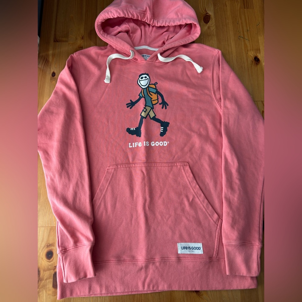 Men's Life Is Good Backpacker Hiker Pullover Hoodie Salmon Size M